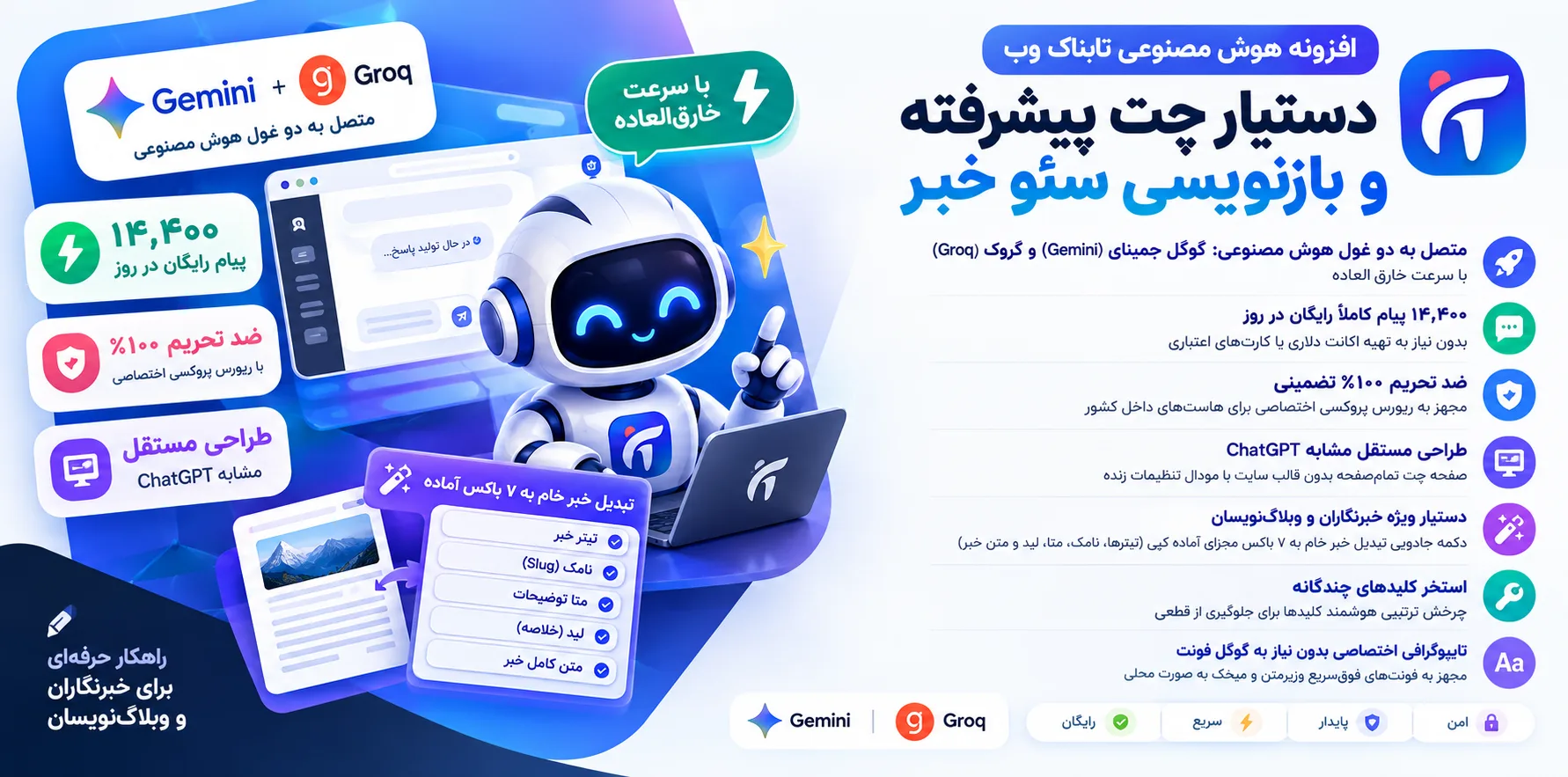 افزونه هوش مصنوعی تابناک وب | دستیار چت پیشرفته و بازنویسی سئو خبر